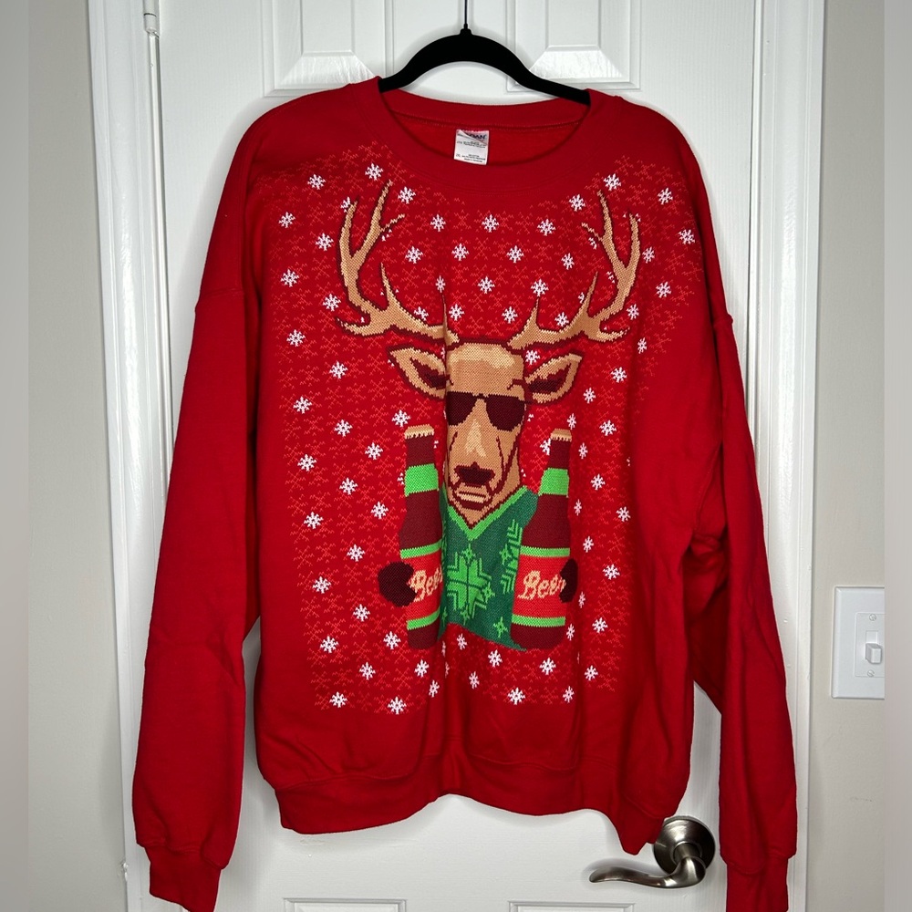Ugly Christmas Beer‎ Drinking Drunk Reindeer Red Sweater Sweatshirt XL